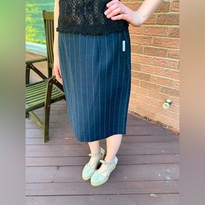 New Navy Blue Linen pencil Skirt white Striped Knee High Eur 42 US 10